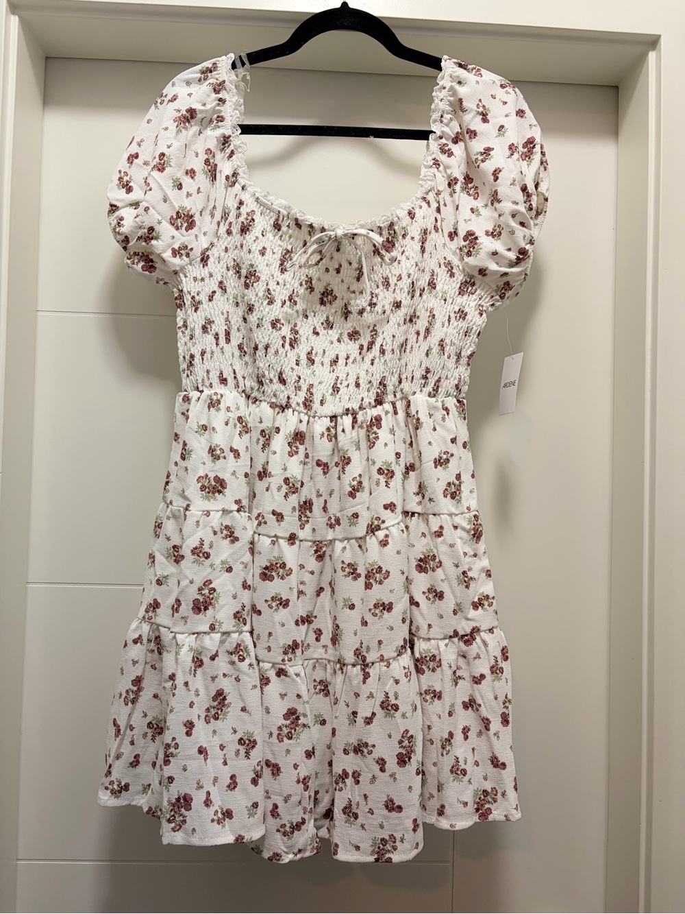 Ardene White Floral Smocked Puff-Sleeve Dress with Rose Print